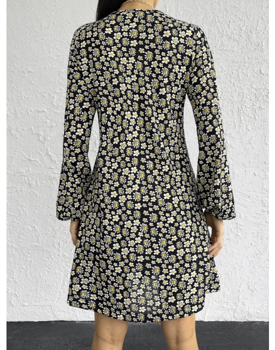 Kadın Uzun Kollu V Yaka çiçek Desenli Helen Kumaş Elbise