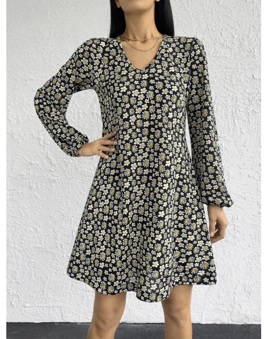 Kadın Uzun Kollu V Yaka çiçek Desenli Helen Kumaş Elbise