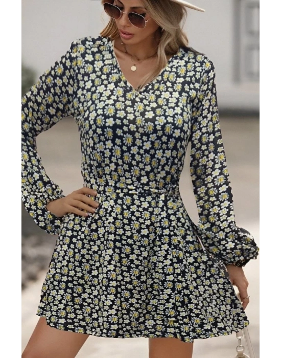 Kadın Uzun Kollu V Yaka çiçek Desenli Helen Kumaş Elbise
