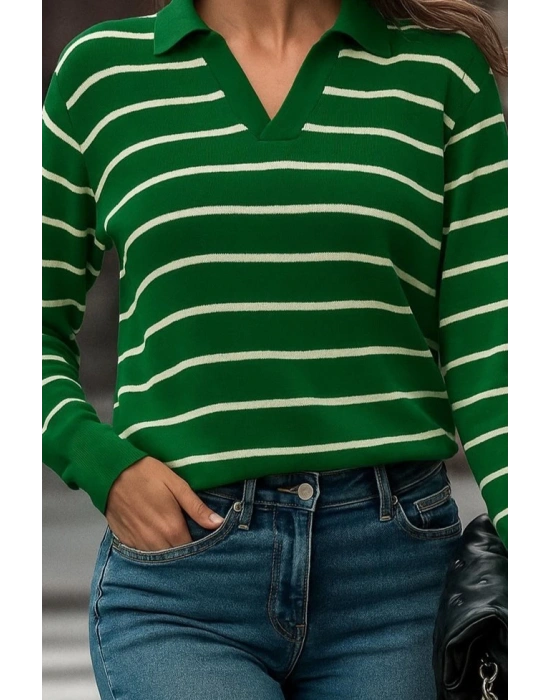 Kadın Uzun Kollu V Yaka çizgili Triko Bluz