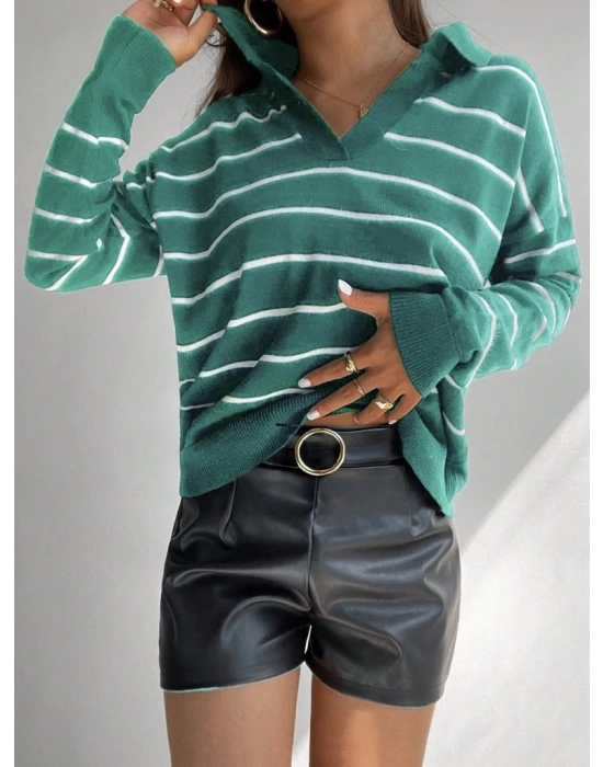 Kadın Uzun Kollu V Yaka çizgili Triko Bluz