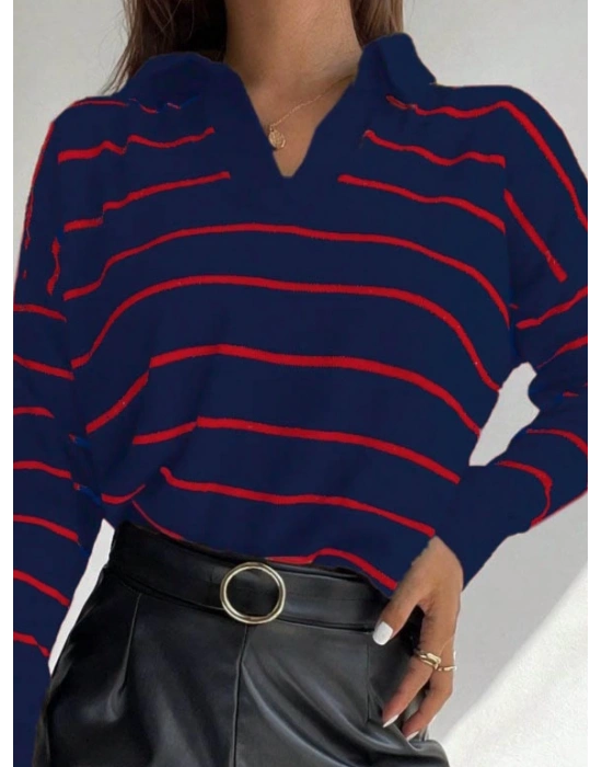 Kadın Uzun Kollu V Yaka çizgili Triko Bluz