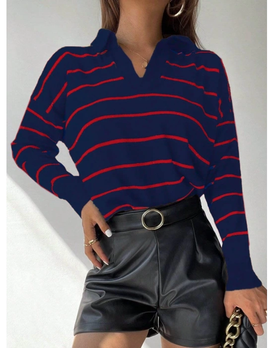 Kadın Uzun Kollu V Yaka çizgili Triko Bluz