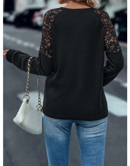 Kadın Uzun Kollu V Yaka Dantel Detaylı Kaşkorse Bluz