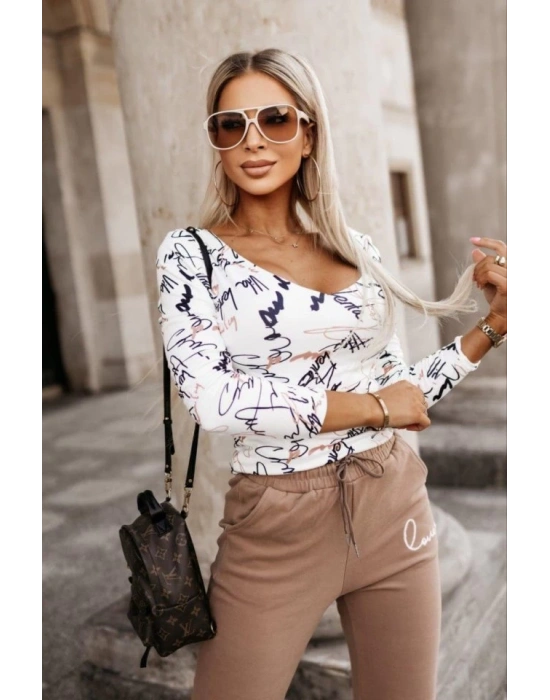 Kadın Uzun Kollu V Yaka Desenli Mikro Kumaş Bluz
