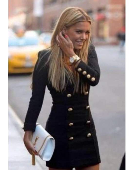 Kadın Uzun Kollu V Yaka Düğme Detay Ceket Elbise