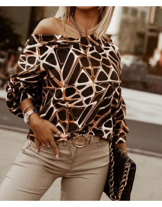 Kadın Uzun Kollu V Yaka Düşük Omuz Geometrik Desen şardonlu Dalgıç Bluz