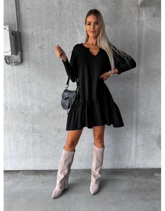 Kadın Uzun Kollu V Yaka Eteği Büzgülü Kloş Iki Iplik Mini Boy Elbise