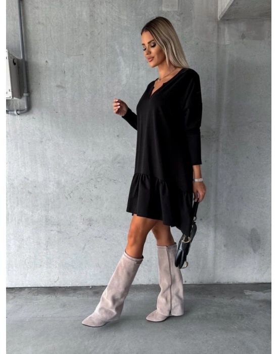 Kadın Uzun Kollu V Yaka Eteği Büzgülü Kloş Iki Iplik Mini Boy Elbise