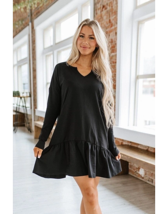Kadın Uzun Kollu V Yaka Eteği Büzgülü Kloş Iki Iplik Mini Boy Elbise