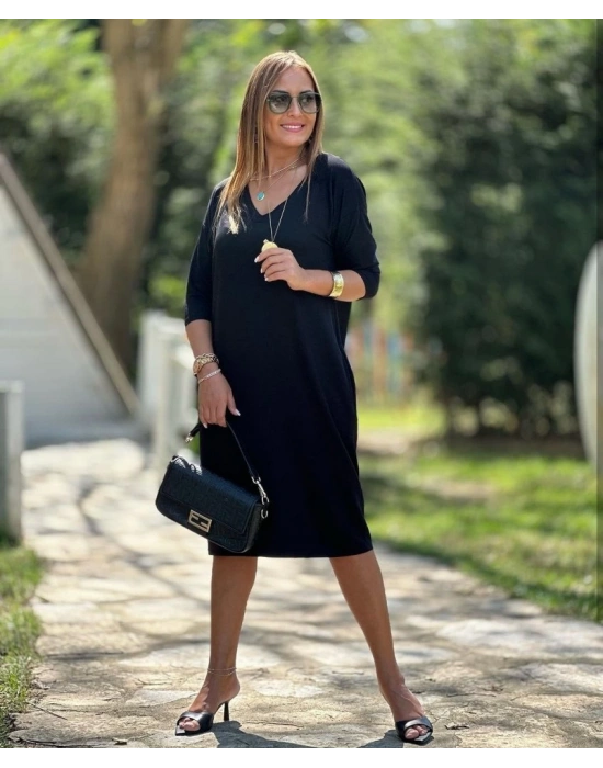 Kadın Uzun Kollu V Yaka Iki Yanı Cepli Salaş Iki Iplik Elbise