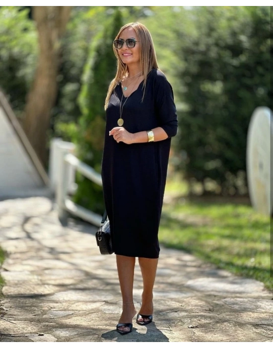 Kadın Uzun Kollu V Yaka Iki Yanı Cepli Salaş Iki Iplik Elbise