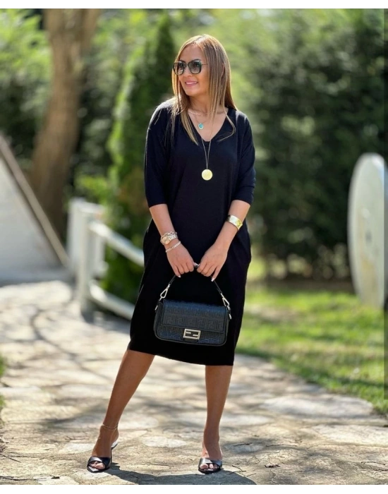 Kadın Uzun Kollu V Yaka Iki Yanı Cepli Salaş Iki Iplik Elbise