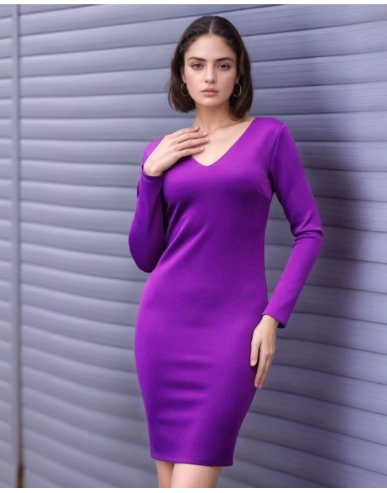 Kadın Uzun Kollu V Yaka ırt Dekolteli cuba Dalgıç Kumaş Mini Elbise