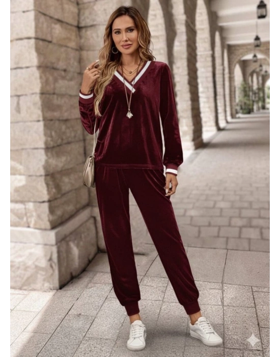 Kadın Uzun Kollu V Yaka Kadife Bluz Ve Pantolon Ikili Takım