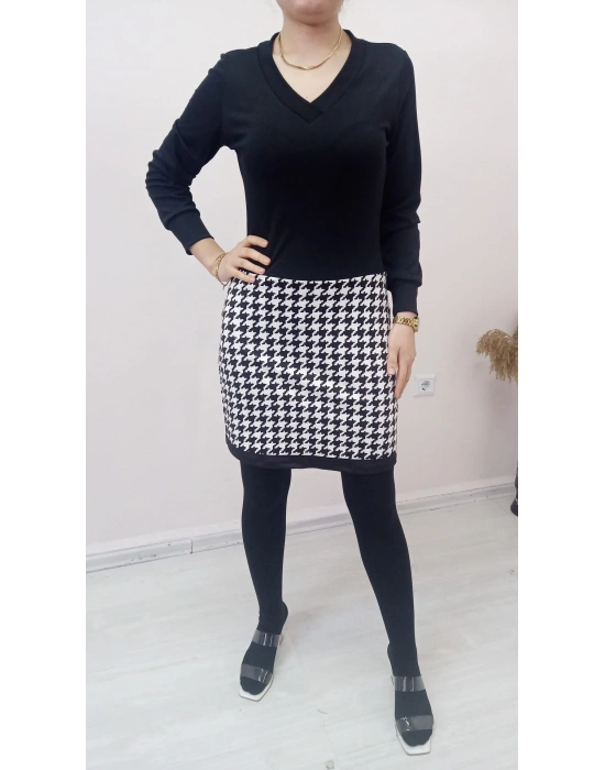 Kadın Uzun Kollu V Yaka Kazayağı Desen Dalgıç Kumaş Elbise