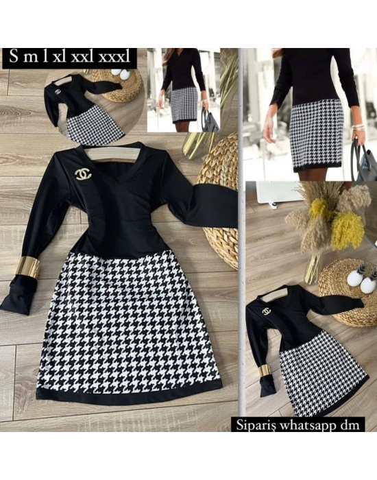 Kadın Uzun Kollu V Yaka Kazayağı Desen Dalgıç Kumaş Elbise