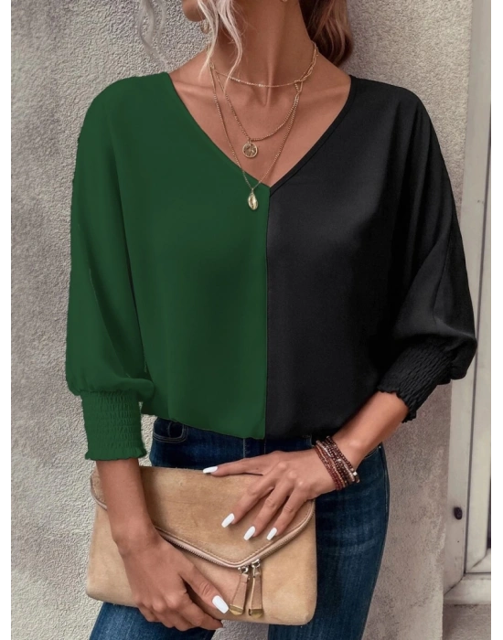 Kadın Uzun Kollu V Yaka Kol Ağzı Gipeli Sandy Bluz