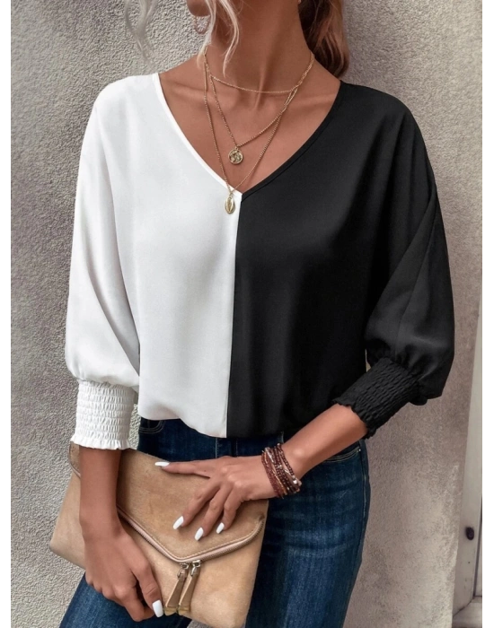 Kadın Uzun Kollu V Yaka Kol Ağzı Gipeli Sandy Bluz