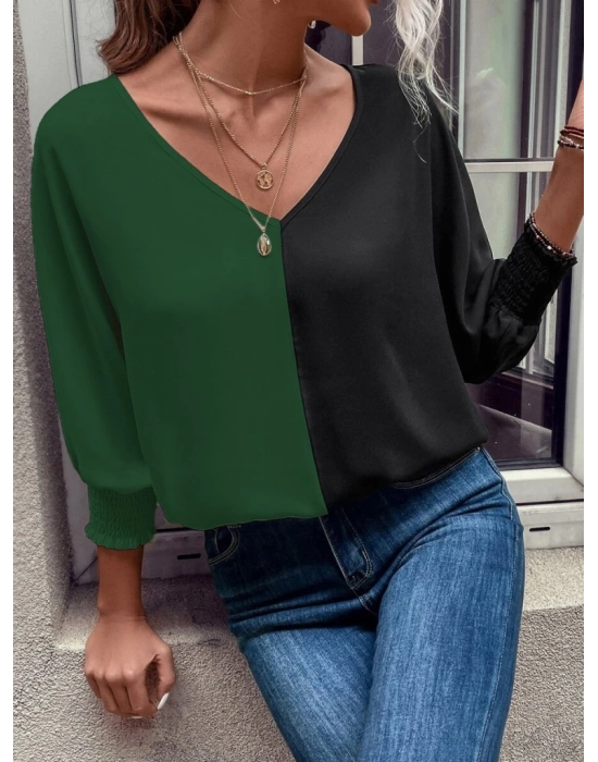 Kadın Uzun Kollu V Yaka Kol Ağzı Gipeli Sandy Bluz