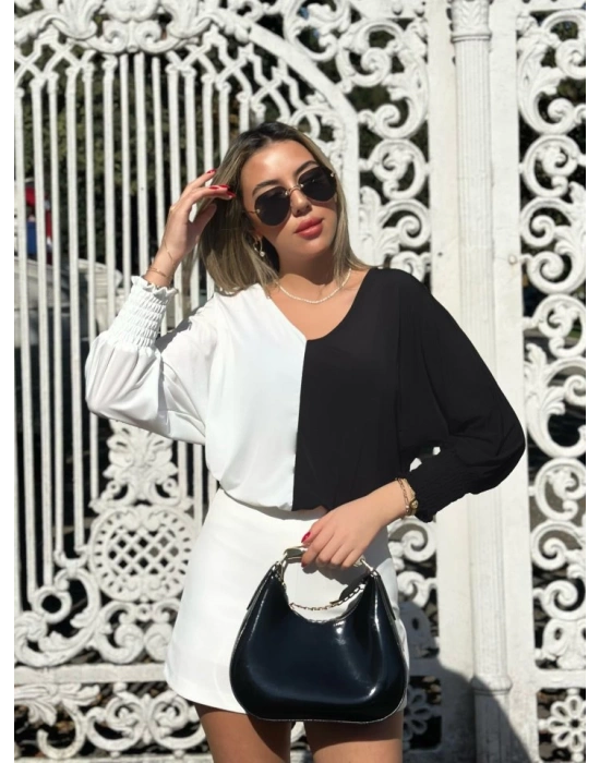 Kadın Uzun Kollu V Yaka Kol Ağzı Gipeli Sandy Bluz