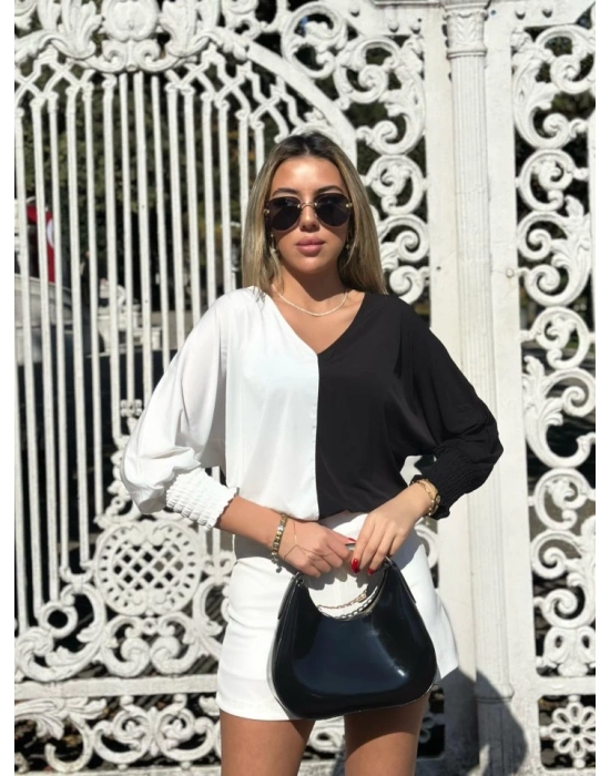 Kadın Uzun Kollu V Yaka Kol Ağzı Gipeli Sandy Bluz