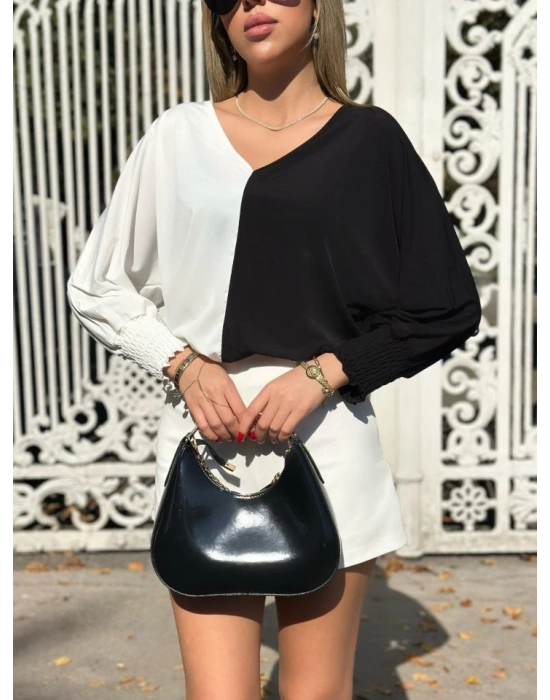 Kadın Uzun Kollu V Yaka Kol Ağzı Gipeli Sandy Bluz