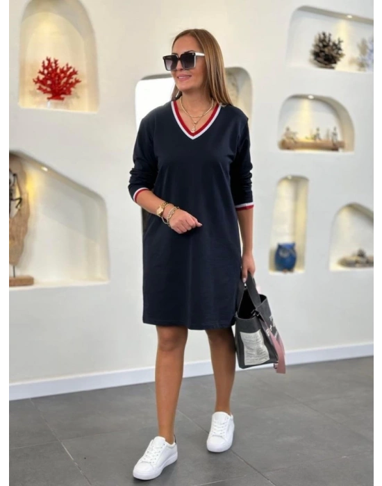 Kadın Uzun Kollu V Yaka Kol Ağzı Ve Yaka Ribana Detaylı Iki Iplik Mini Boy Elbise