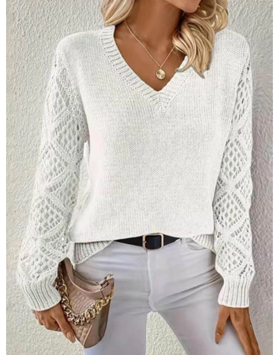 Kadın Uzun Kollu V Yaka Kol Delikli Baklava Desen Detaylı Triko Kazak