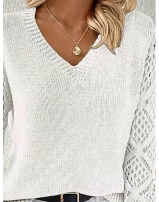 Kadın Uzun Kollu V Yaka Kol Delikli Baklava Desen Detaylı Triko Kazak