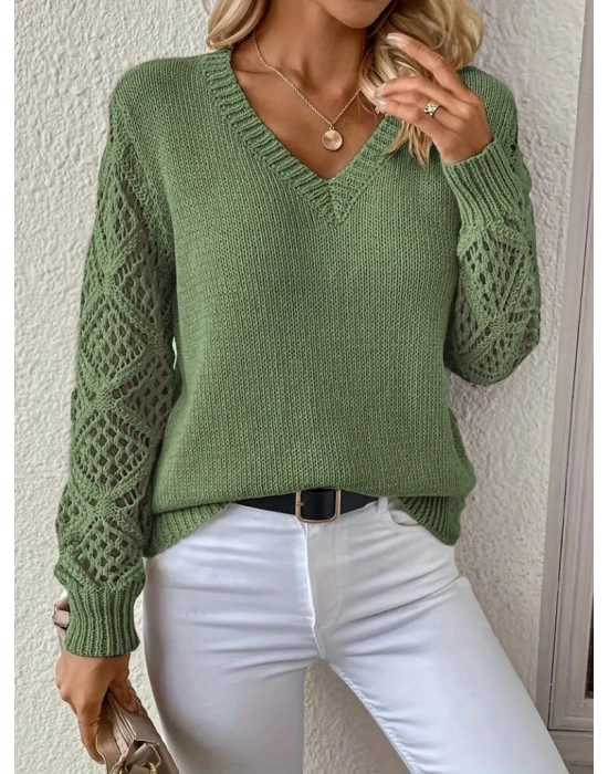 Kadın Uzun Kollu V Yaka Kol Delikli Baklava Desen Detaylı Triko Kazak