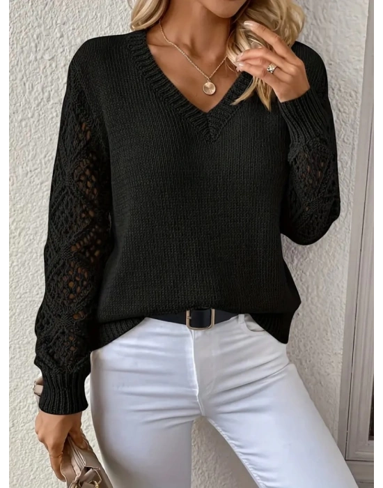 Kadın Uzun Kollu V Yaka Kol Delikli Baklava Desen Detaylı Triko Kazak