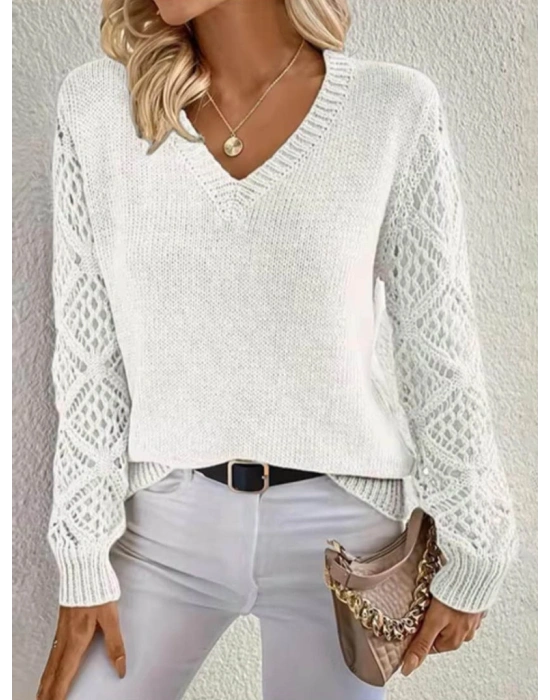 Kadın Uzun Kollu V Yaka Kol Delikli Baklava Desen Detaylı Triko Kazak