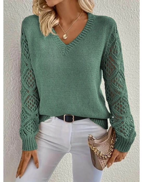 Kadın Uzun Kollu V Yaka Kol Delikli Baklava Desen Detaylı Triko Kazak