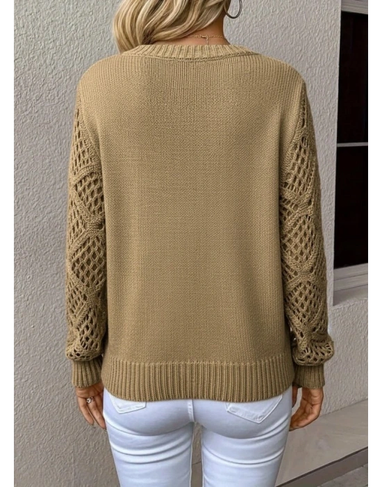 Kadın Uzun Kollu V Yaka Kol Delikli Baklava Desen Detaylı Triko Kazak