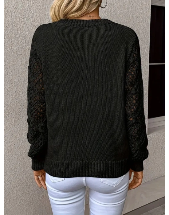 Kadın Uzun Kollu V Yaka Kol Delikli Baklava Desen Detaylı Triko Kazak