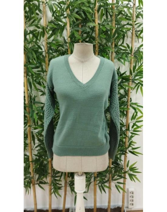 Kadın Uzun Kollu V Yaka Kol Delikli Baklava Desen Detaylı Triko Kazak