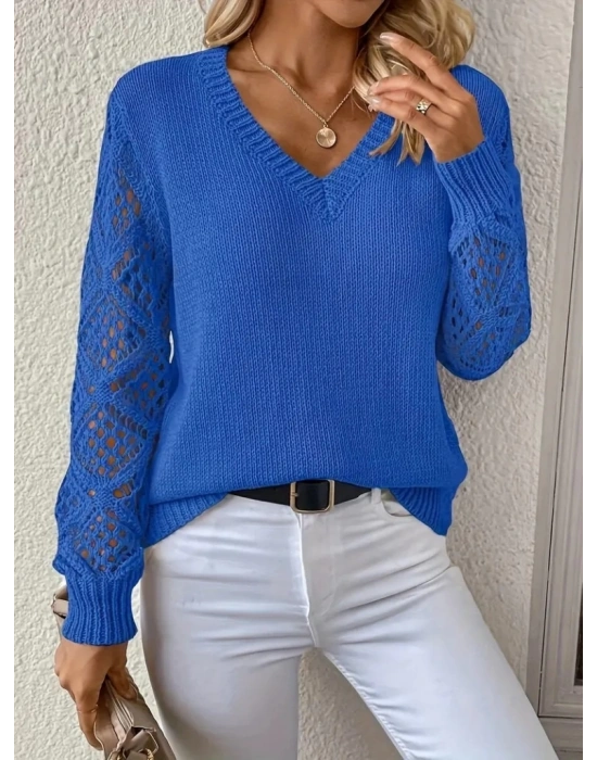 Kadın Uzun Kollu V Yaka Kol Delikli Baklava Desen Detaylı Triko Kazak