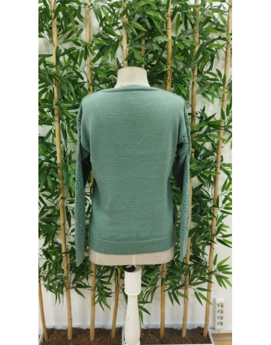 Kadın Uzun Kollu V Yaka Kol Delikli Baklava Desen Detaylı Triko Kazak