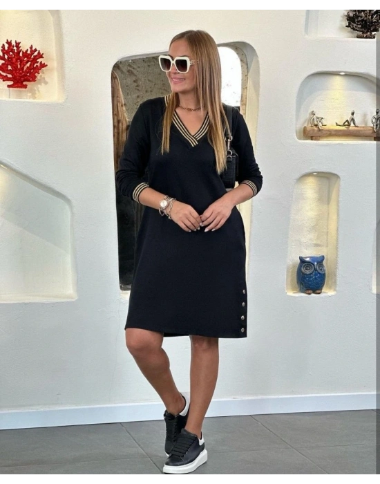 Kadın Uzun Kollu V Yaka Kol Ve Yaka Ribanalı Etek çıtçıt Detay Iki Iplik Elbise