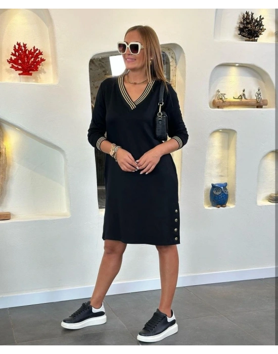 Kadın Uzun Kollu V Yaka Kol Ve Yaka Ribanalı Etek çıtçıt Detay Iki Iplik Elbise