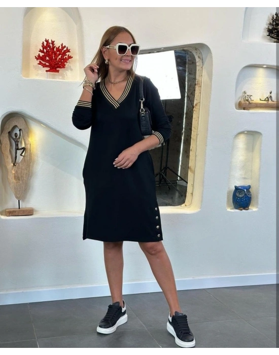 Kadın Uzun Kollu V Yaka Kol Ve Yaka Ribanalı Etek çıtçıt Detay Iki Iplik Elbise