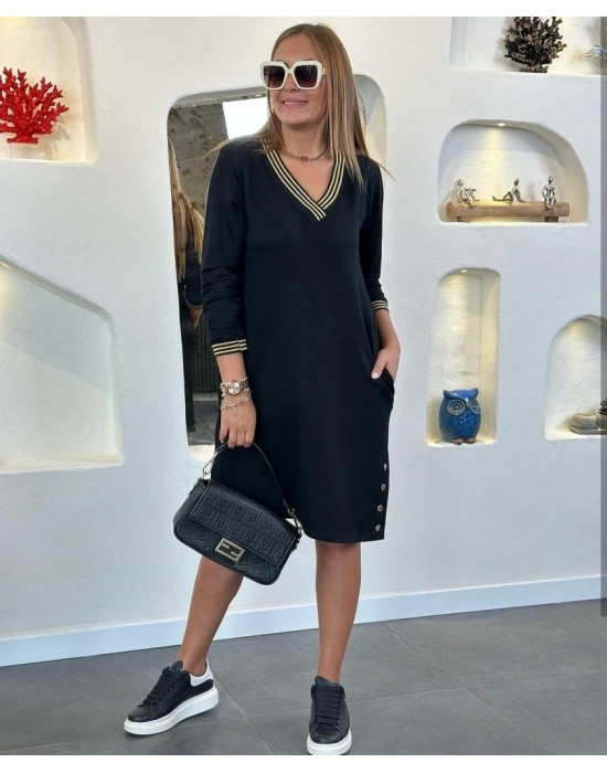 Kadın Uzun Kollu V Yaka Kol Ve Yaka Ribanalı Etek çıtçıt Detay Iki Iplik Elbise