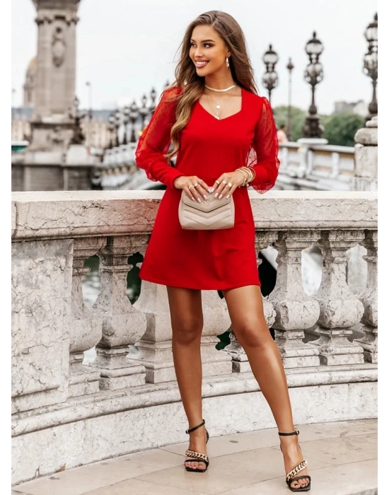Kadın Uzun Kollu V Yaka Kollar Tül Detay Krep Elbise