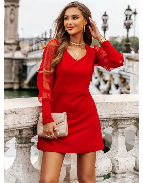 Kadın Uzun Kollu V Yaka Kollar Tül Detay Krep Elbise