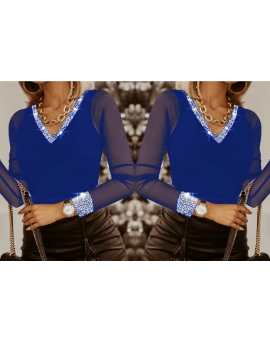 Kadın Uzun Kollu V Yaka Kollar Tül Yaka Ve Kol Ağzı Payet Detay Viskon Bluz