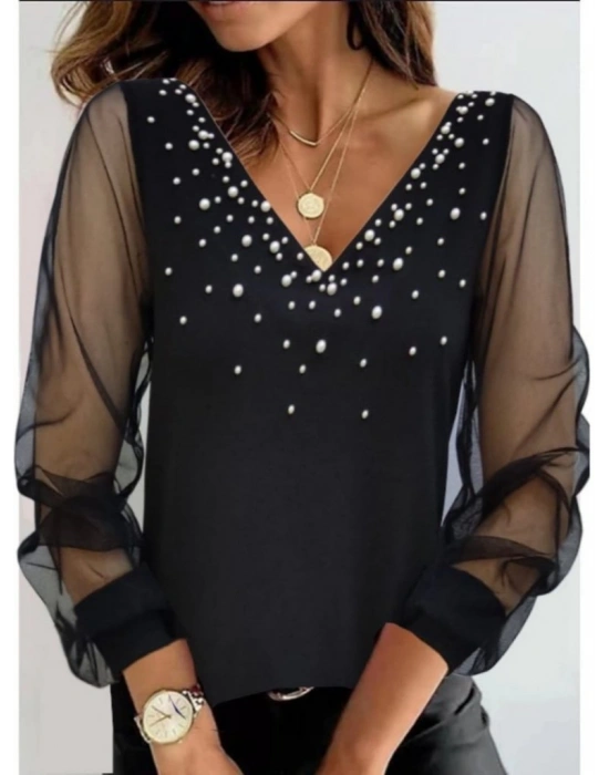Kadın Uzun Kollu V Yaka Kolları Tül Yaka Kenarı Ve Göğüs Inci Detay Krep Bluz
