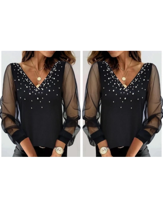 Kadın Uzun Kollu V Yaka Kolları Tül Yaka Kenarı Ve Göğüs Inci Detay Krep Bluz