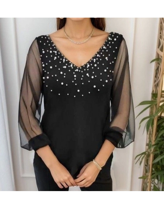 Kadın Uzun Kollu V Yaka Kolları Tül Yaka Kenarı Ve Göğüs Inci Detay Krep Bluz