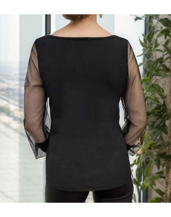 Kadın Uzun Kollu V Yaka Kolları Tül Yaka Kenarı Ve Göğüs Inci Detay Krep Bluz